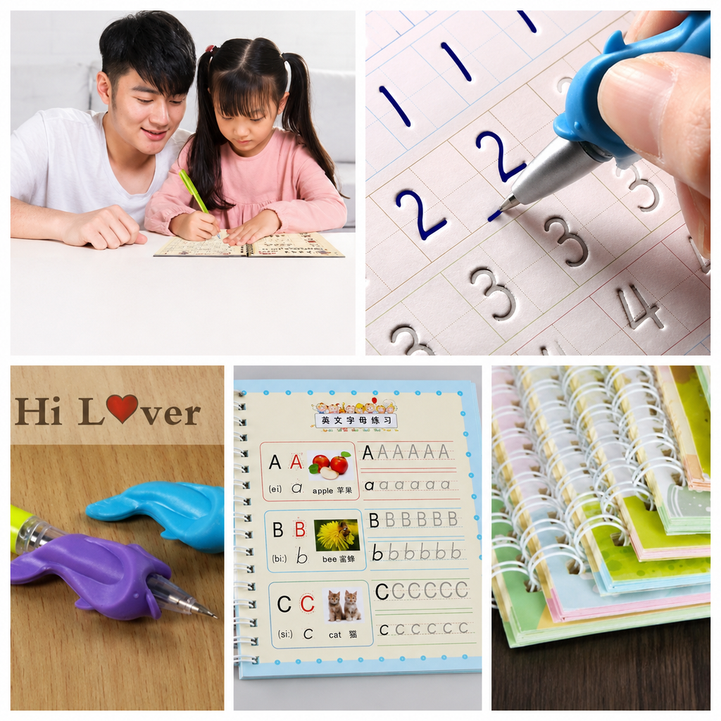 Smart Handwriting Practice Books for Kids | 4 Books + 10 Ink Refills + Grip